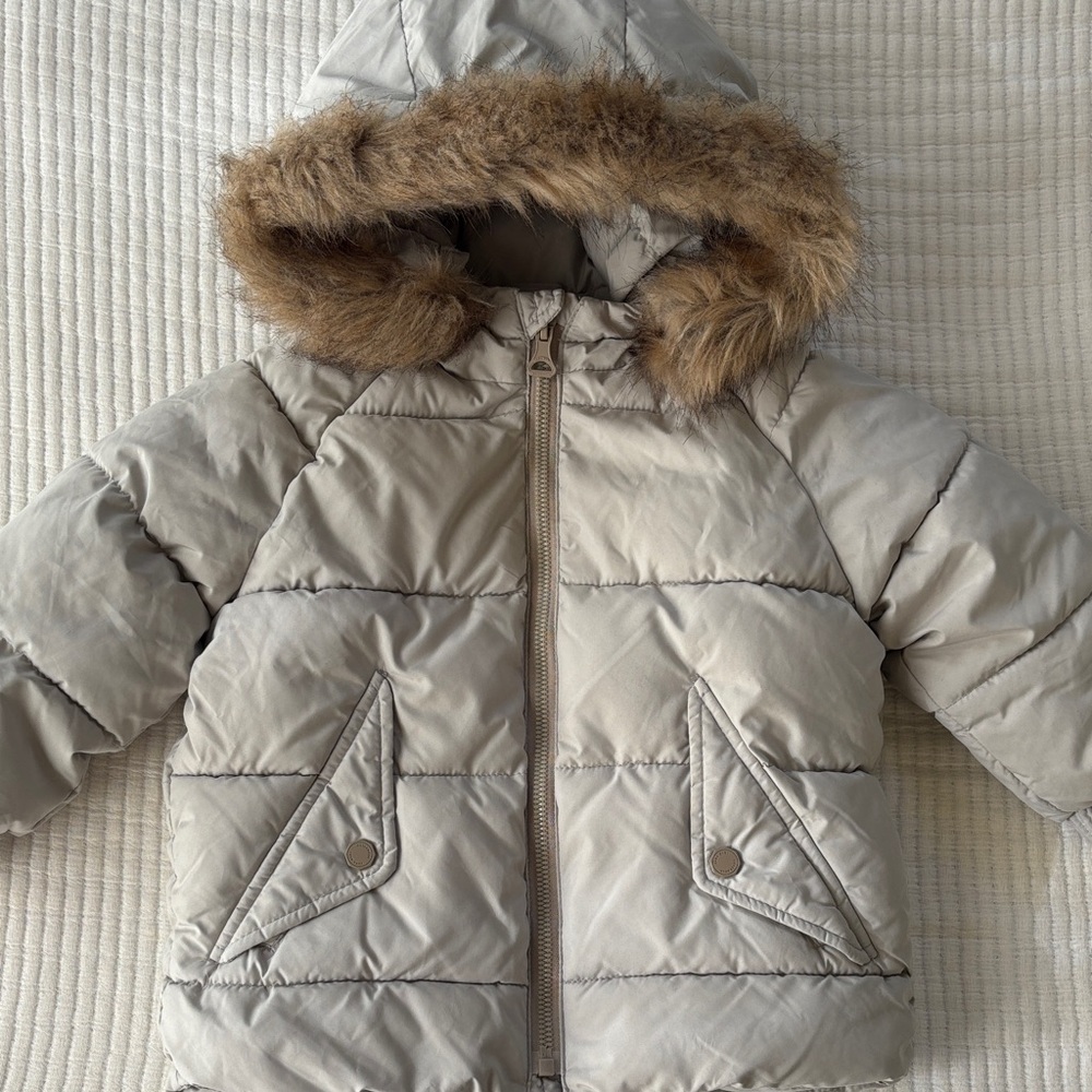 Zara Baby Gray Puffer Jacket with Faux Fur Trim Hood - Picture 2 of 14